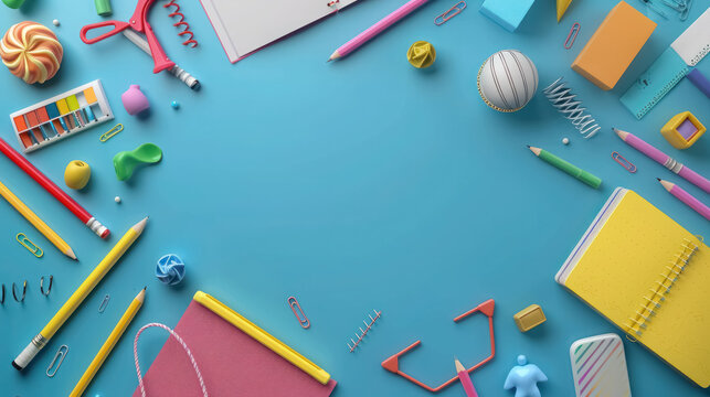 colorful school supplies on turquoise background for creative education themes