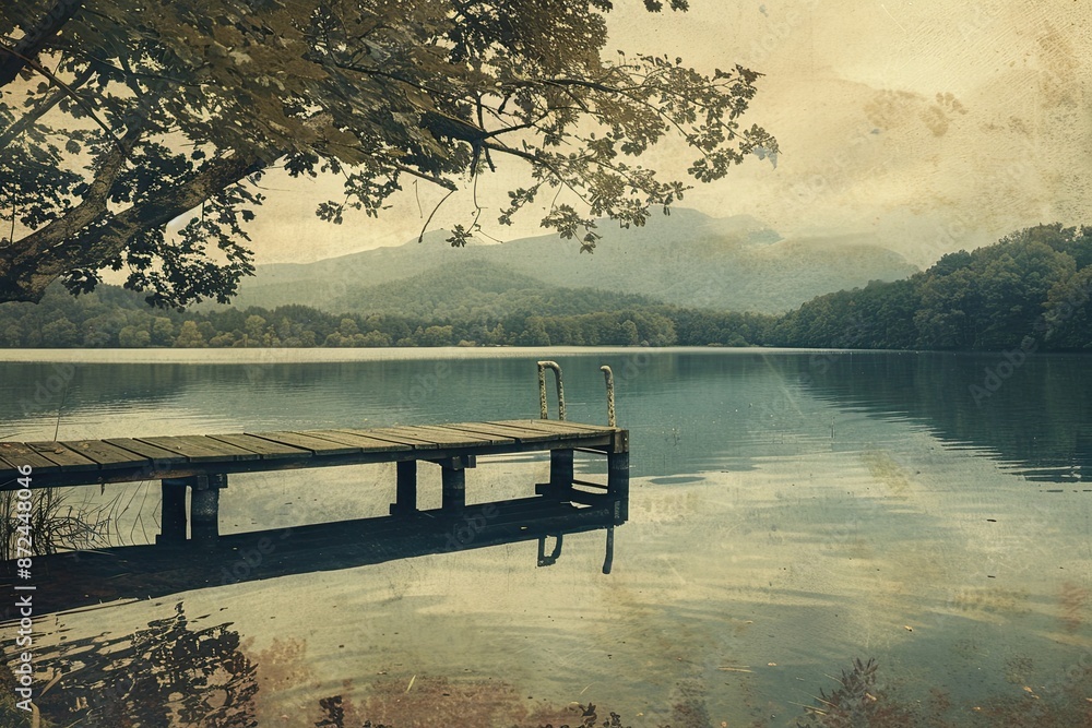 Poster a wooden dock sits on a lake with a view of mountains in the background. the water is calm and the d