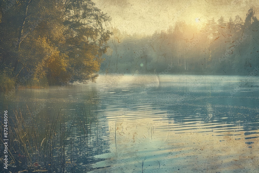 Poster a serene lake with a sun reflecting on the water. the sky is hazy and the trees are in the backgroun