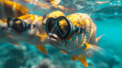Fish wearing goggles swimming underwater