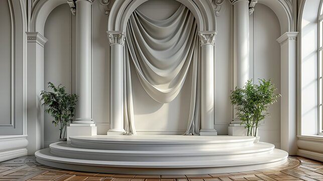Clean stage podium scene with editable podium materials and space for event titles. , Minimalism,
