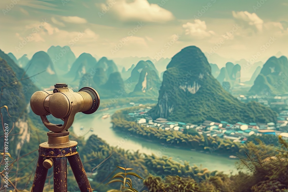 Poster a camera is set up on a tripod to take a picture of a beautiful landscape. the camera is pointed at 