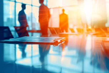 A modern business office with a conference table and blurred silhouettes of professionals standing in the background, illuminated by warm sunlight.