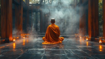 Spiritual journey - buddhism featuring a buddhist monk meditating, focusing on path to enlightenment, inner peace, profound practices that guide followers in their quest for spiritual fulfillment.