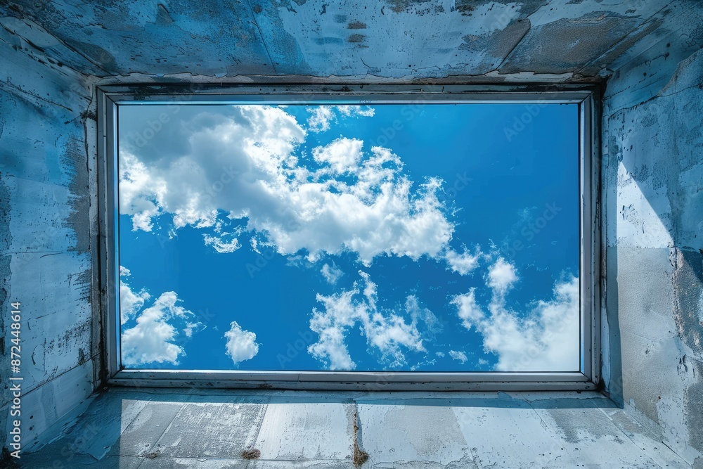 Poster a blue sky with clouds and a window frame. the sky is clear and bright, and the clouds are scattered
