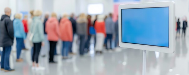 Obraz premium Queue of people in public place with a digital screen in the foreground, showcasing modern technology and social distancing.