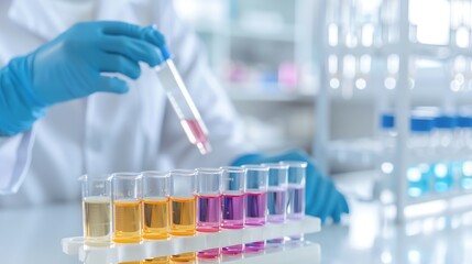 Scientist handling colorful liquid samples in a laboratory setting, showcasing chemistry research and experimentation.