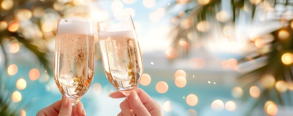 Two champagne glasses clinking together with a bokeh background, representing celebration and festive mood.