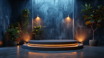 Customizable stage podium with spotlights and editable backgrounds for professional presentations. , Minimalism,