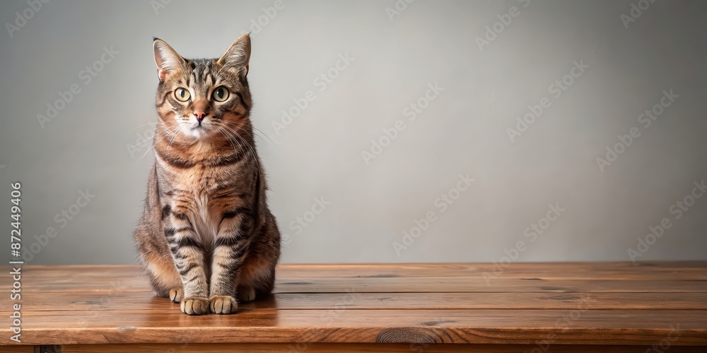 Wall mural Cat sitting on a wooden table with curious expression, feline, pet, curious, domestic animal, adorable, fur, whiskers, playful