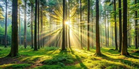 Fototapeta premium Sunlight filtering through dense trees in a peaceful forest clearing, morning, forest, trees, sunlight, peaceful, nature