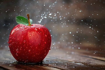 fresh red apple with watervdroplets on wooden background natural fruit image