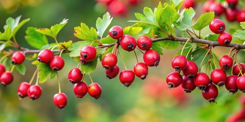 Ripe hawthorn berries on a branch , red, fruits, autumn, seasonal, healthy, ripe, natural, organic, close-up, foliage, cluster