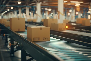 Cardboard Boxes on Conveyor Belt - Online Shopping, Delivery Logistics, and Modern Warehouse