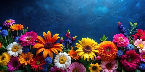 Vibrant summer flowers contrast beautifully against a dark blue background, Summer, flowers, vibrant, dark blue, background