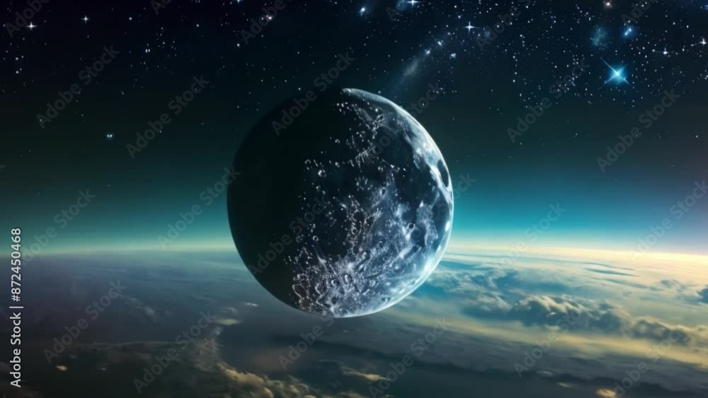 Poster This large, cratered moon hangs over a distant planet with clouds in space.