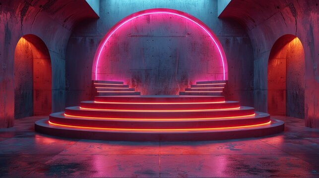 3D stage podium with editable branding and variable lighting settings. , Minimalism,