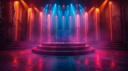 Fototapeta premium Virtual stage podium with holographic projections and customizable lighting designs. , Minimalism,