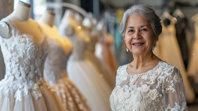 Elegant Senior Woman in Bridal Shop Surrounded by Wedding Dresses - Powered by Adobe
