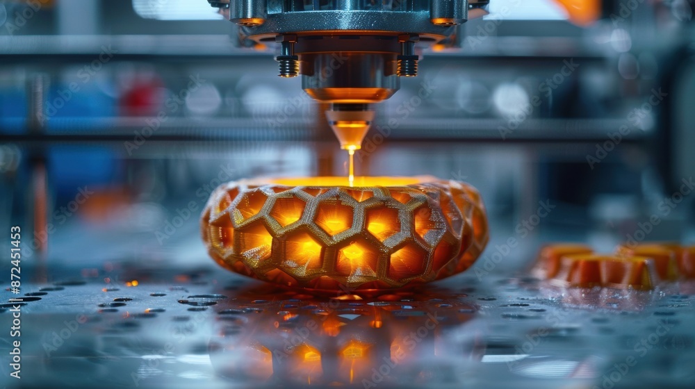Poster a machine is creating a gold object with a hexagonal shape. the object is glowing with a warm, yello