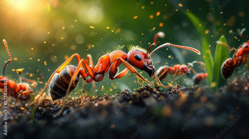 Poster a group of red ants are crawling on the ground. the image has a lively and energetic mood, as the an
