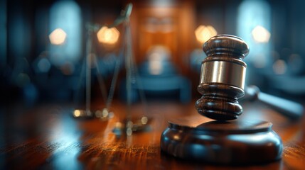 A gavel sits on a wooden surface in front of a scale. The gavel is made of wood and has a gold band. The scene is set in a courtroom, and the gavel is a symbol of authority and power