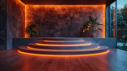 Contemporary stage podium with editable graphics and versatile lighting effects. , Minimalism,