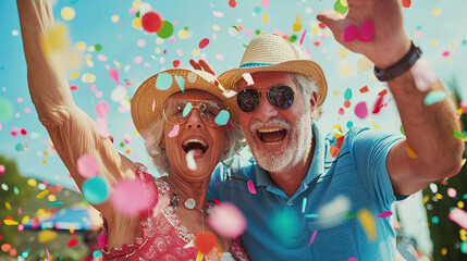 Happy elderly 80 years old couple celebrating with colorful confetti