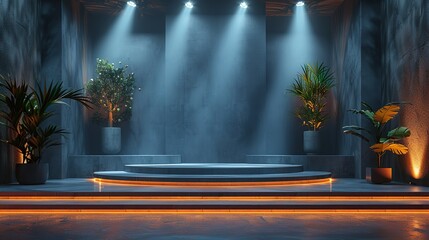 Perspective view of a modern stage podium with spotlights and blank screens for event branding. , Minimalism,