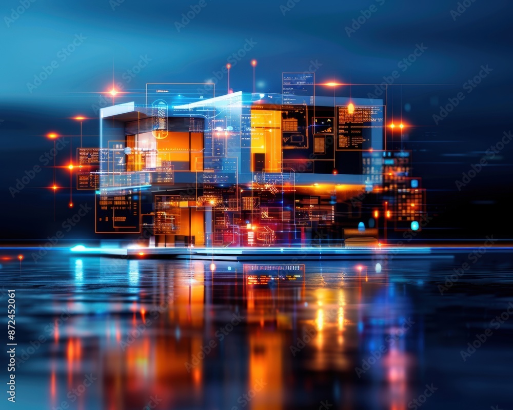 Aufkleber a futuristic building with a lot of lights and reflections on the water. the building is made up of 