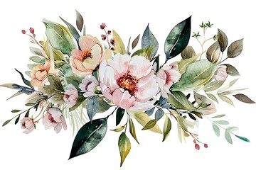Elegant watercolor floral arrangement featuring pink and white flowers with green leaves and delicate branches.