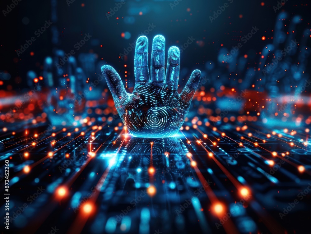 Poster a hand is shown in a blue and red background with a lot of lights. the hand is surrounded by a lot o
