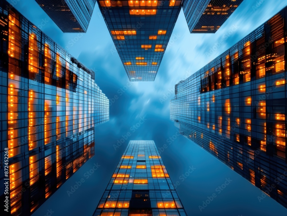 Poster a city skyline with tall buildings and a cloudy sky. the buildings are lit up with orange lights, cr