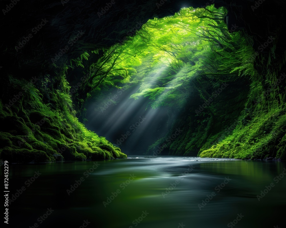 Poster a dark cave with a green forest on either side. the sunlight is shining through the cave, creating a
