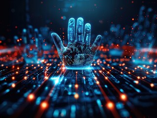 A hand is shown in a blue and red background with a lot of lights. The hand is surrounded by a lot of lines and dots, giving the impression of a digital or computer-generated image