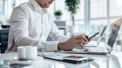 Modern Workstation Multitasking Professional at Contemporary Desk with Laptop and Smartphone Efficiency Technology Integration Productivity Concept