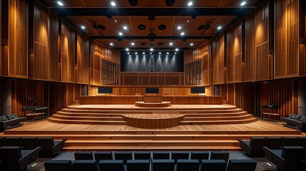 Elevated view of a stage podium with interactive touchscreen options and customizable podium height. , Minimalism,