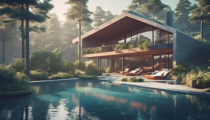 Fototapeta premium A house with a swimming pool is situated amidst a forest. The serene setting combines the elements of water, a building, trees, and a natural landscape