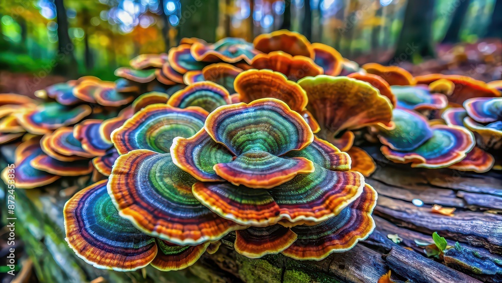 Poster Close-up of colorful turkey tail mushrooms in a forest , organic, turkey tail, mushrooms, vibrant, colors, close-up, nature