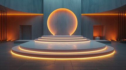 Dynamic perspective of a stage podium with modular podium elements and customizable lighting. , Minimalism,