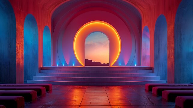 Dynamic perspective of a stage podium with modular podium elements and customizable lighting. , Minimalism,