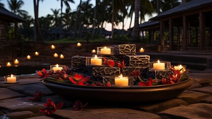 Obraz premium a table with candles and flowers on it and a reflection of the sun in the water.