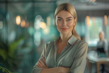 Naklejka premium Successful Businesswoman in Creative Office - Team Leadership, Professional Confidence, Modern Agency