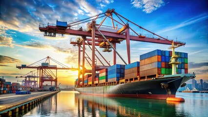 Fototapeta premium Loading containers onto cargo ship with industrial crane , container ship, cargo loading