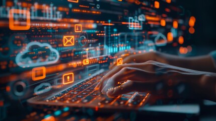 Digital Symphony Hands Typing on Laptop Keyboard Amidst Glowing Cloud Storage Icons Modern Technology and Efficiency in Action