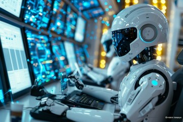 A lone robot sits at a computer workstation in a futuristic control room. The robot is wearing a white helmet and is surrounded by multiple computer screens showing various data and graphs