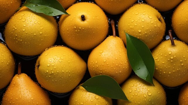Asian Pear beauty texture. A close-up of fresh yellow pears with water droplets and green leaves, creating a vibrant and refreshing look. Full screen filled.