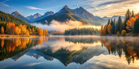 Fototapeta premium Serene mountain range reflection in misty lake with autumn colors and peaceful atmosphere , Serene