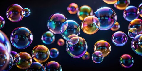 Soap bubbles floating on a dark background, bubbles, soap, background, black, shiny, reflection, colorful, rainbow, sphere