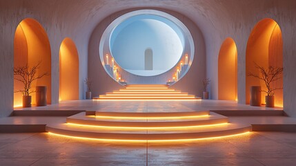 Three-dimensional view of a podium with customizable lighting effects and podium cover designs. , Minimalism,